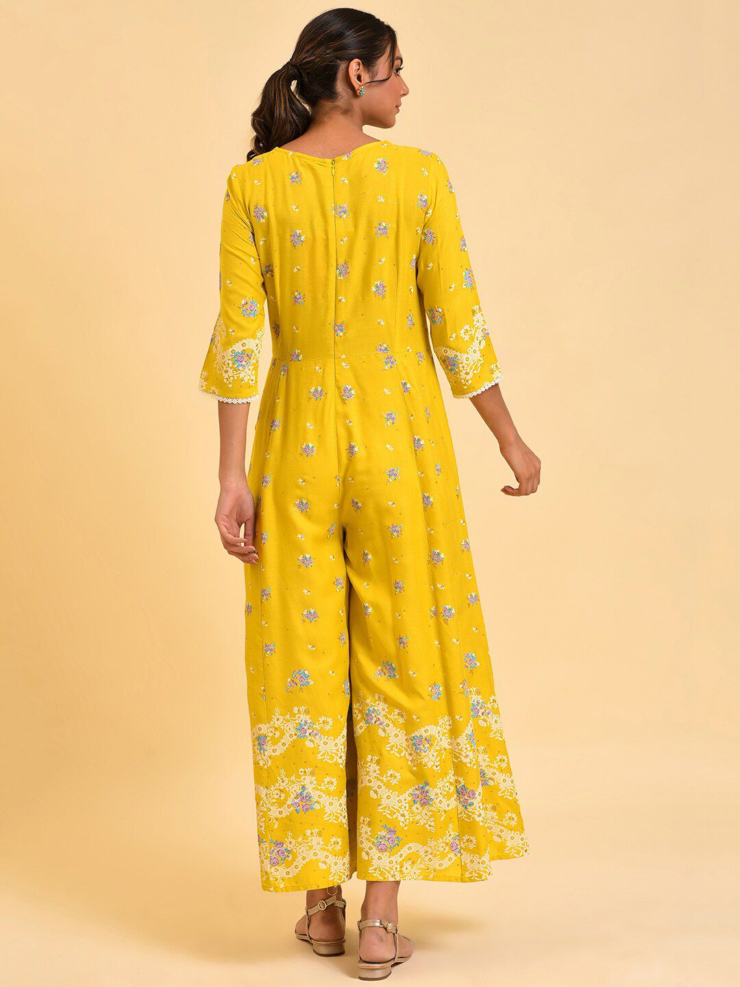 W Yellow & Pink Floral Printed Culotte Jumpsuit