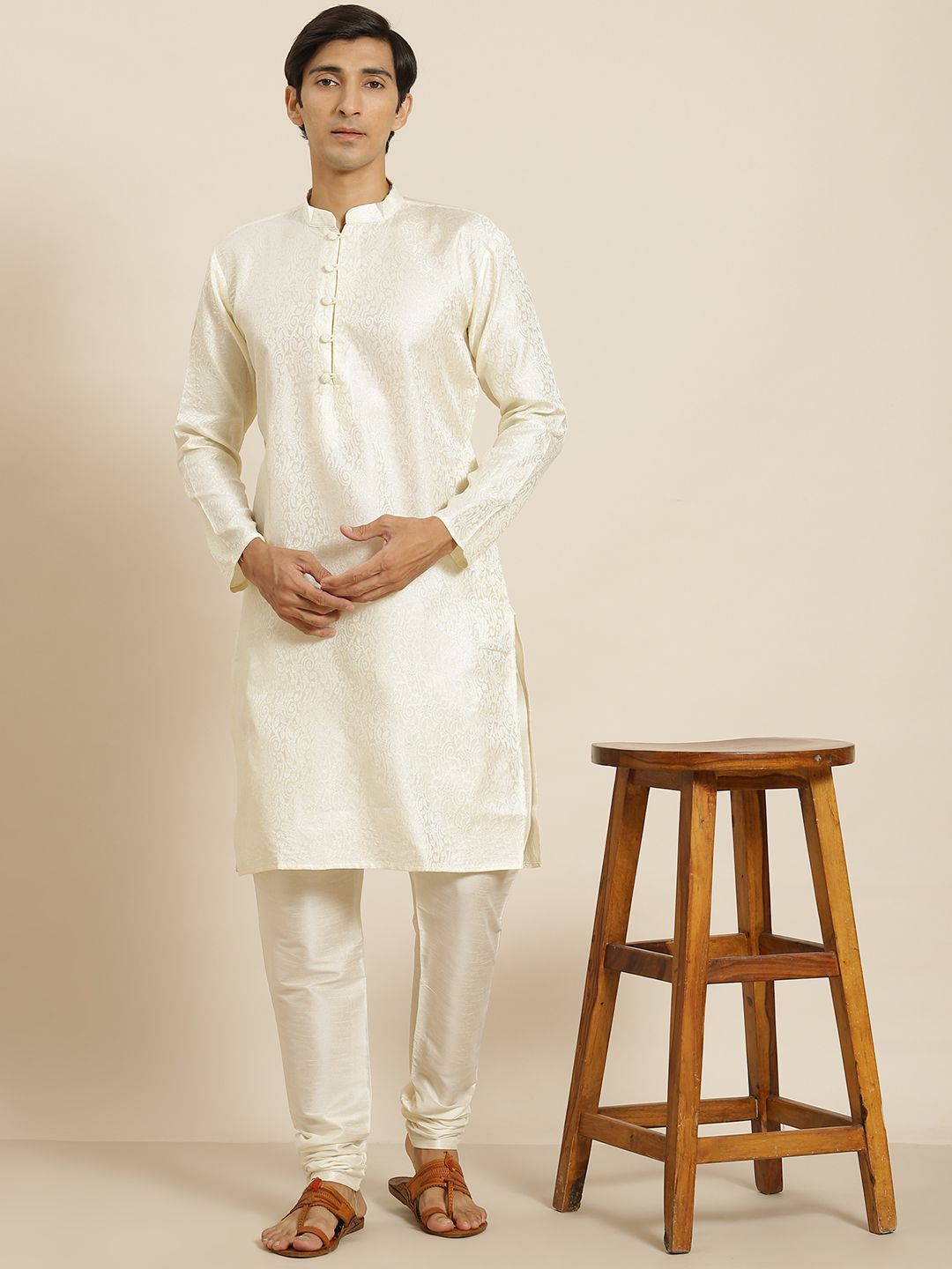 SOJANYA Men Cream-Coloured Woven Design Kurta