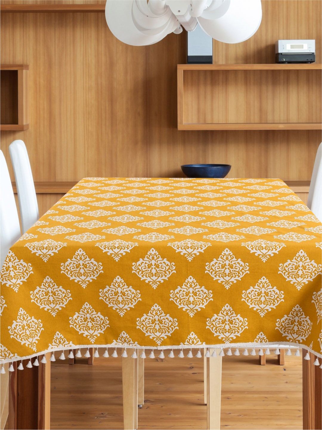URBAN SPACE Mustard-Yellow & White Ethnic Motifs Printed Pure Cotton 6-Seater Table Cover