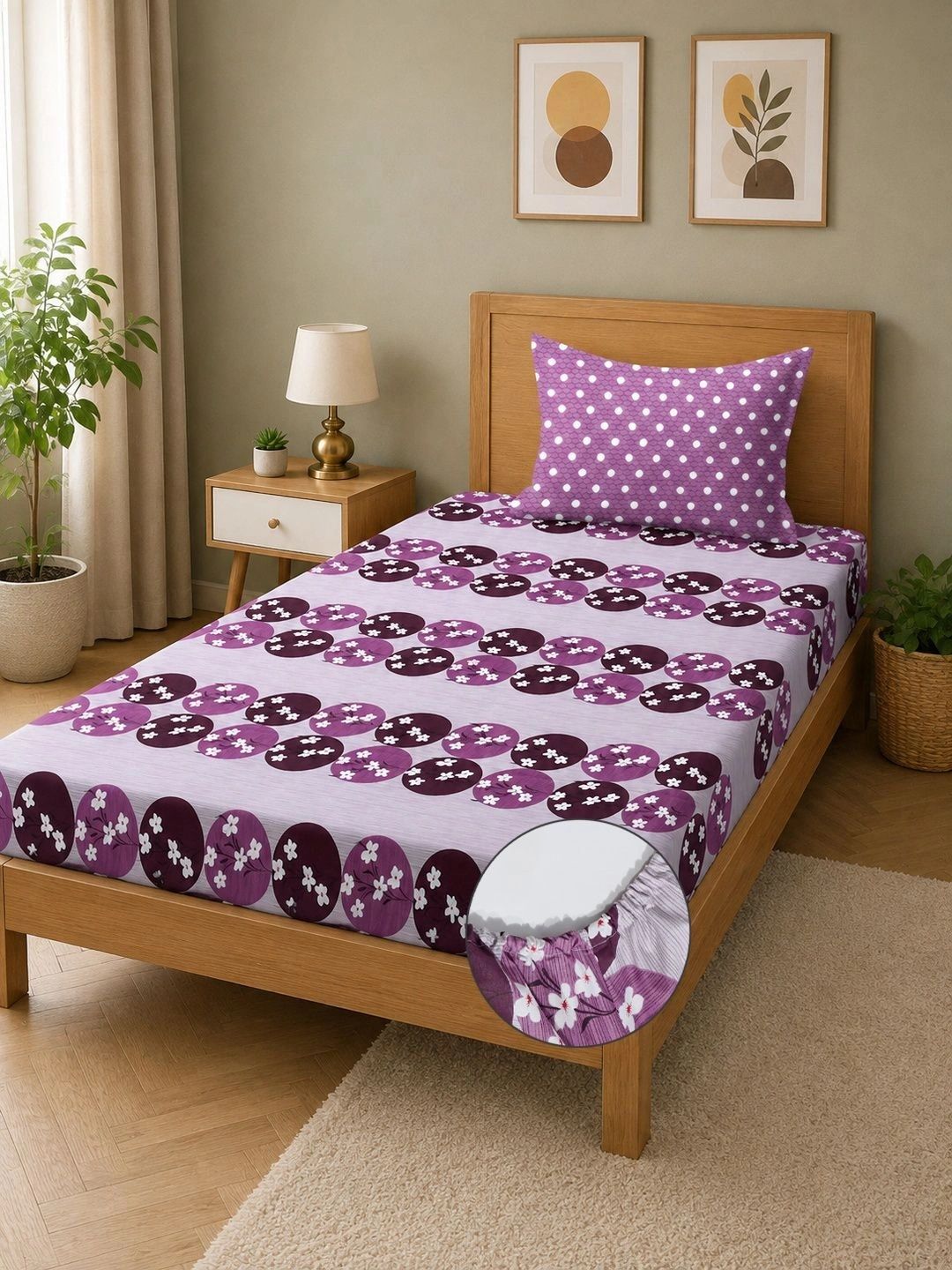 Moda Rapido X KLOTTHE Ungu & Bunga Putih 400 TC Cadar Bujang dengan 1 Sarung Bantal