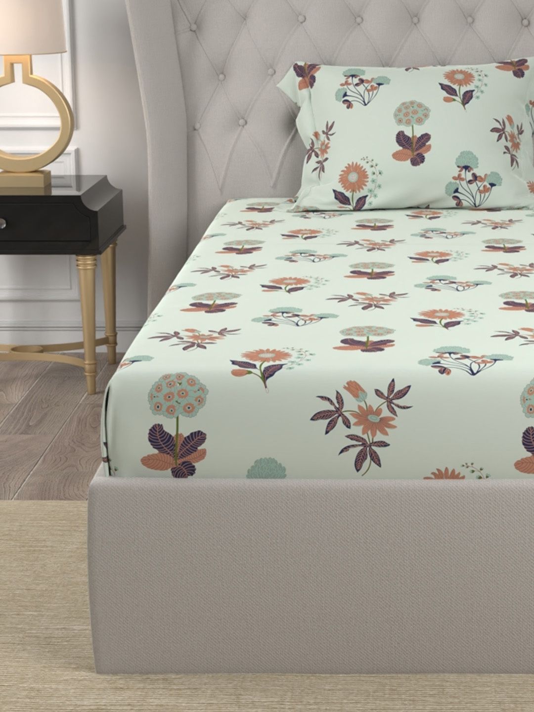URBAN SPACE Radiance Grey 200 TC Floral Single Bedsheet