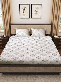 KLOTTHE Off White & Grey Geometric Cotton 400 TC King Fitted Bedsheet With 2 Pillow Covers