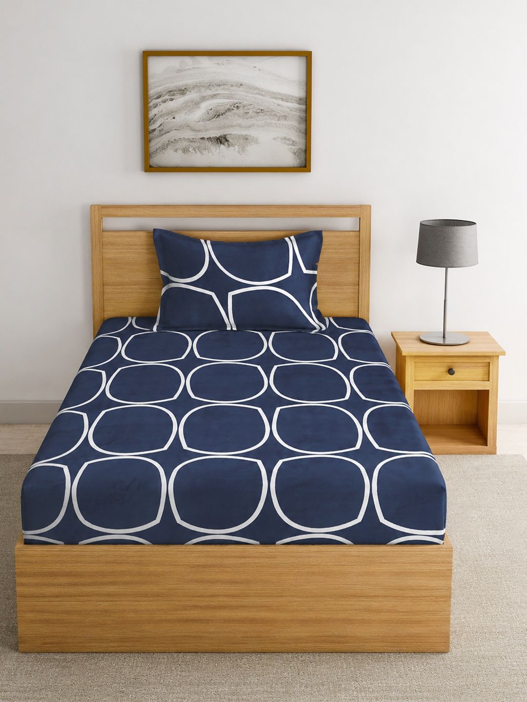Myntra Elegant Homes Blue & White Geometric 300 TC Single Bedsheet with 1 Pillow Covers