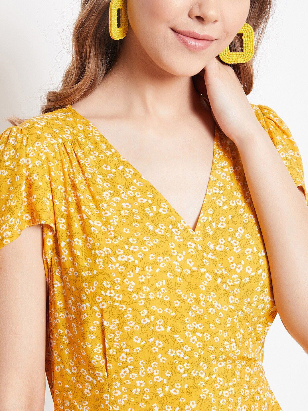 Berrylush Yellow Floral Crepe Ditsy Floral Printed Wrap Dress