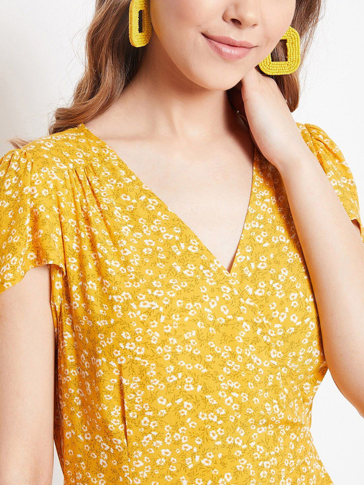 Berrylush Yellow Floral Crepe Ditsy Floral Printed Wrap Dress