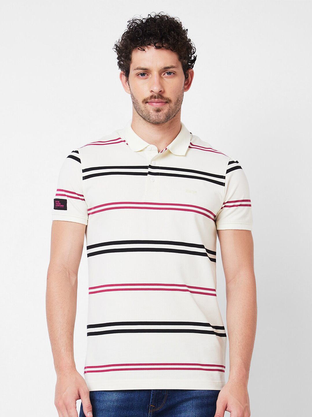 SPYKAR Striped Polo Collar Slim Fit Cotton T-shirt