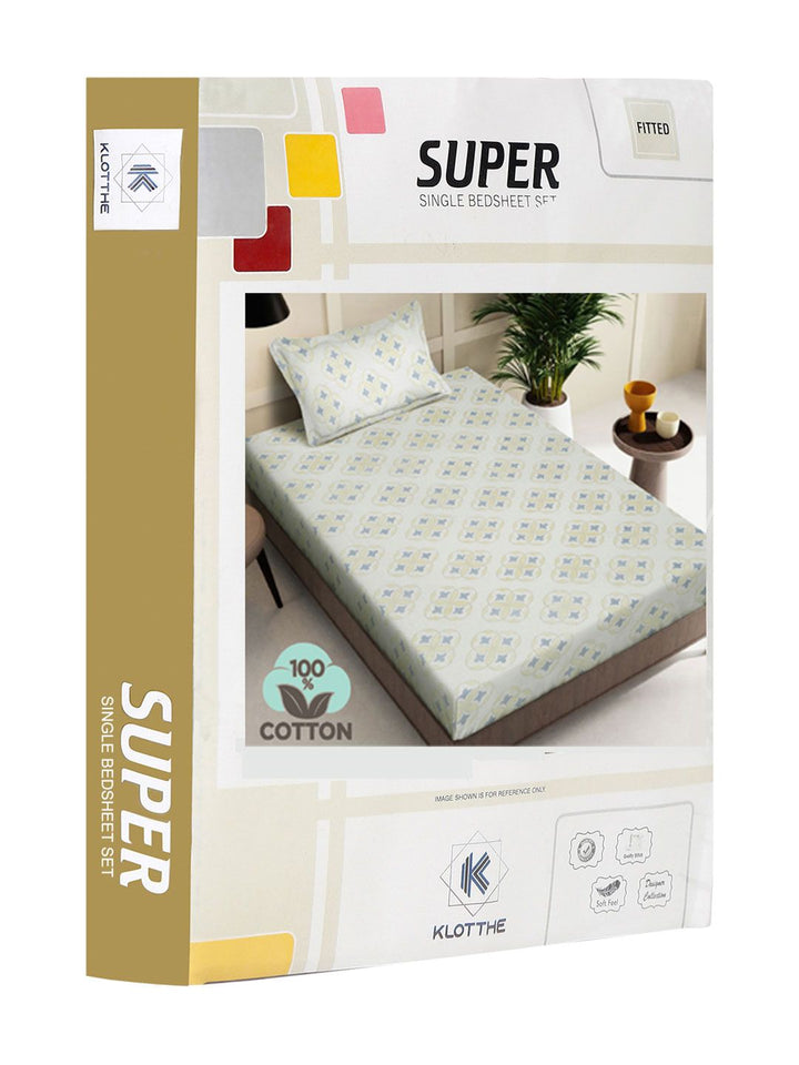 KLOTTHE Cream & Green Geometric Cotton 400 TC Fitted Single Bedsheet With Pillow Cover