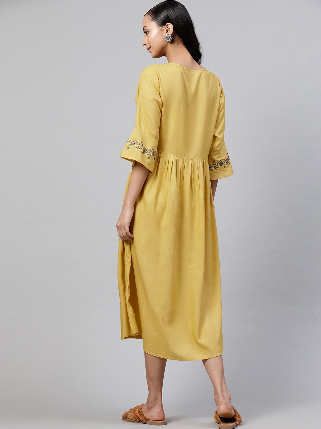 STREET 9 Women Mustard Yellow Embroidered A-Line Dress