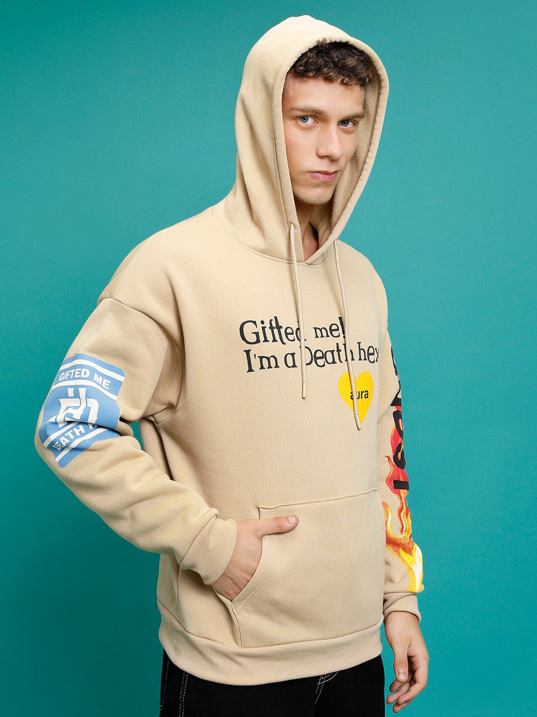 HIGHLANDER Typography Printed Oversized Hooded Pullover Sweatshirt