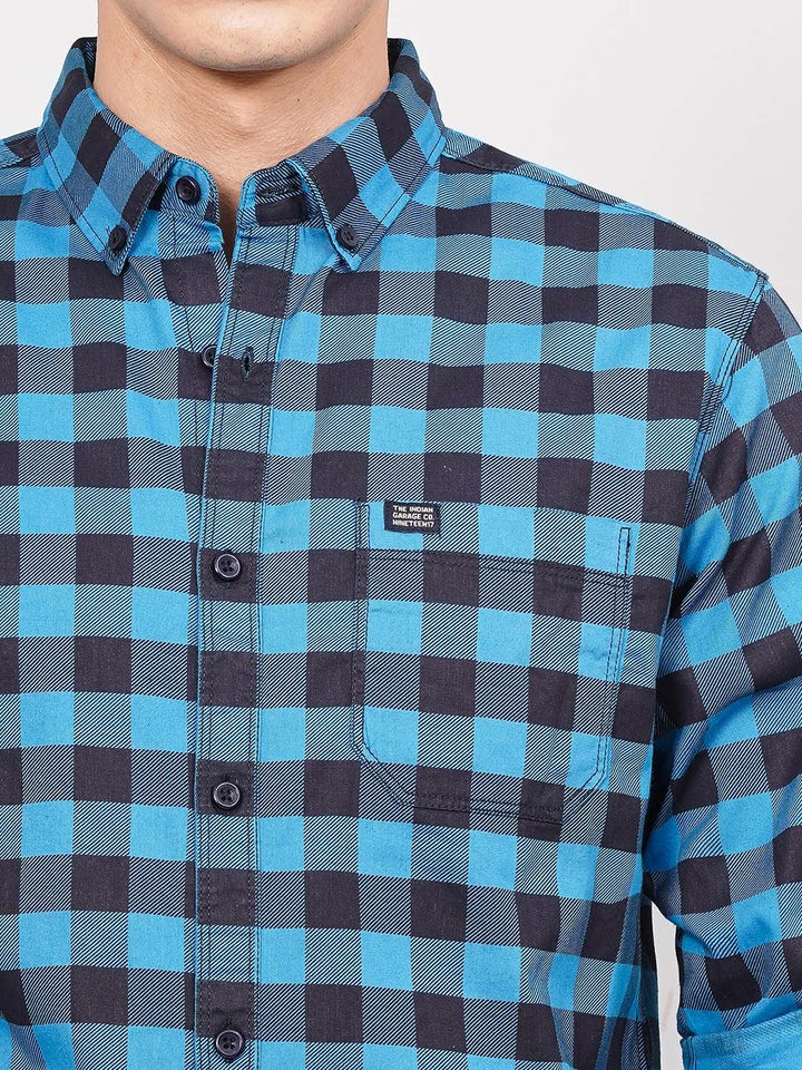 The Indian Garage Co Men Blue & Black Slim Fit Checked Casual Shirt