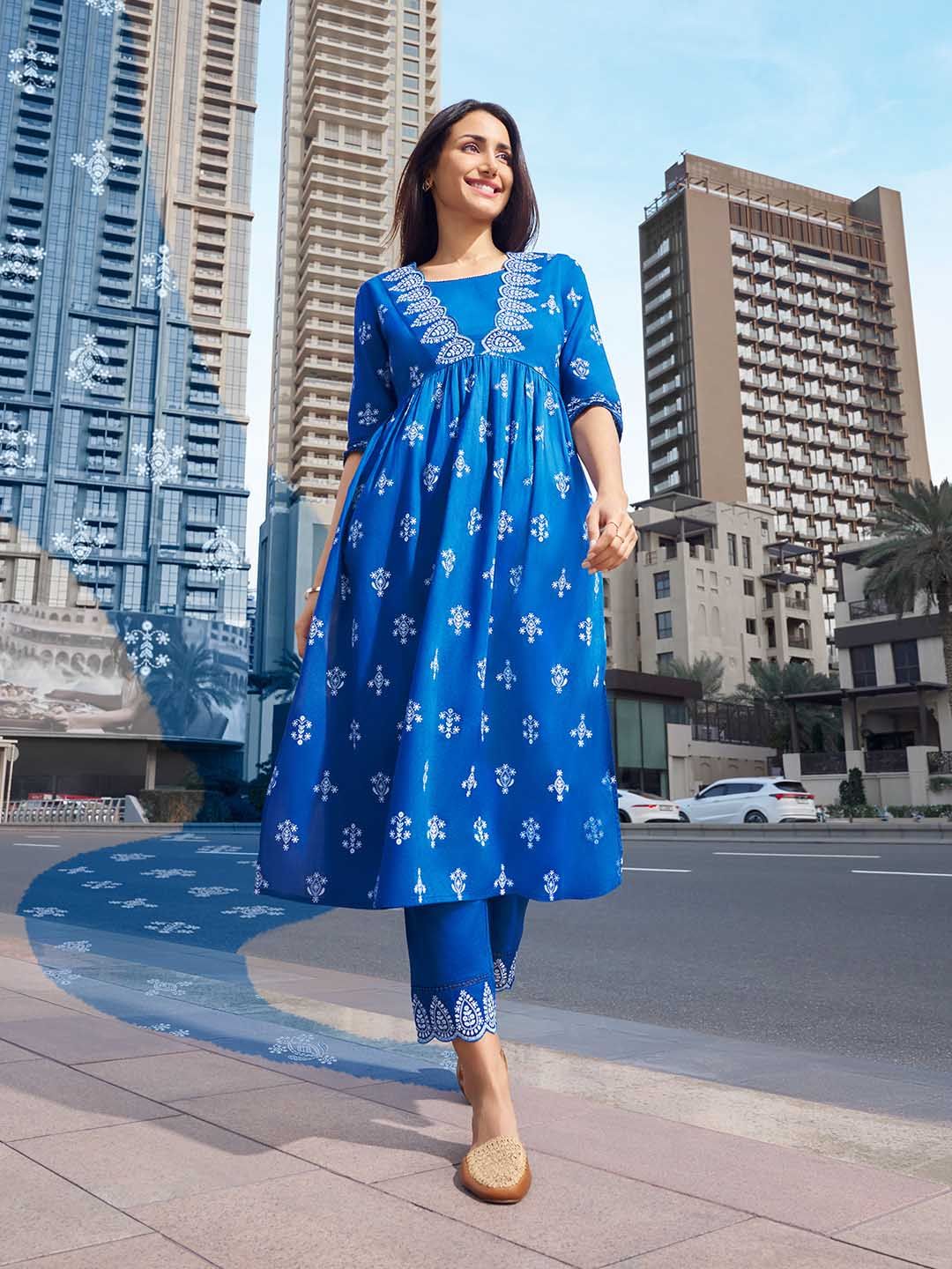 W Ethnic Motifs Printed Round Neck Pure Cotton Kurta & Trouser