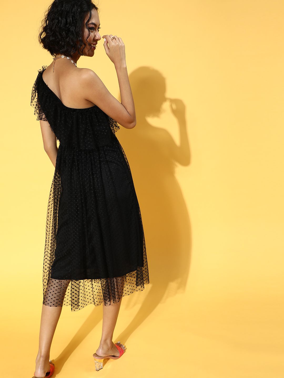 Athena Women Stylish Black Self-Design One-Shoulder Dress