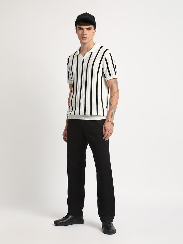 THE BEAR HOUSE Striped Regular Fit Polo Collar Cotton T-shirt