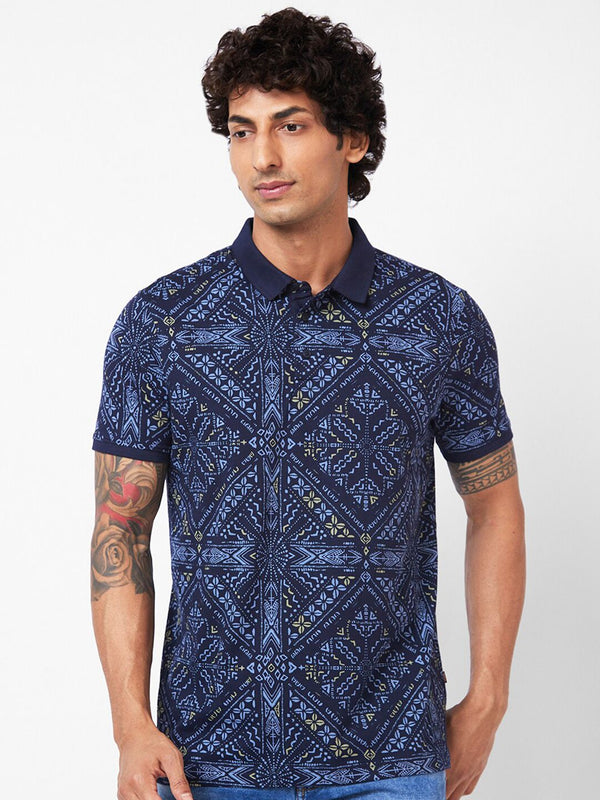 SPYKAR Geometric Printed Polo Collar Slim Fit T-shirt