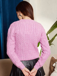 Berrylush Pink Cable Knit Self Design Acrylic Pullover Sweater