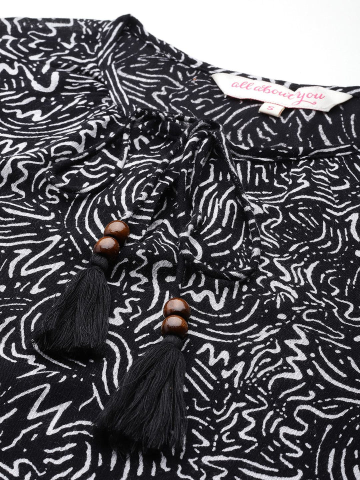 all about you Printed Tie-Up Neck Puff Sleeves Top