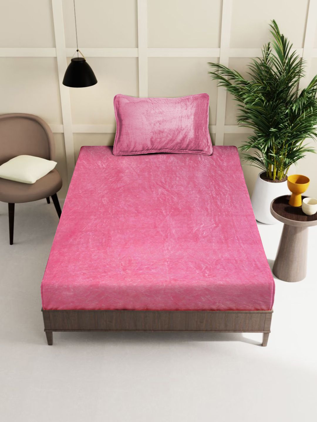 KLOTTHE Pink Woolen 300TC Single Bedsheet With Pillow Cover