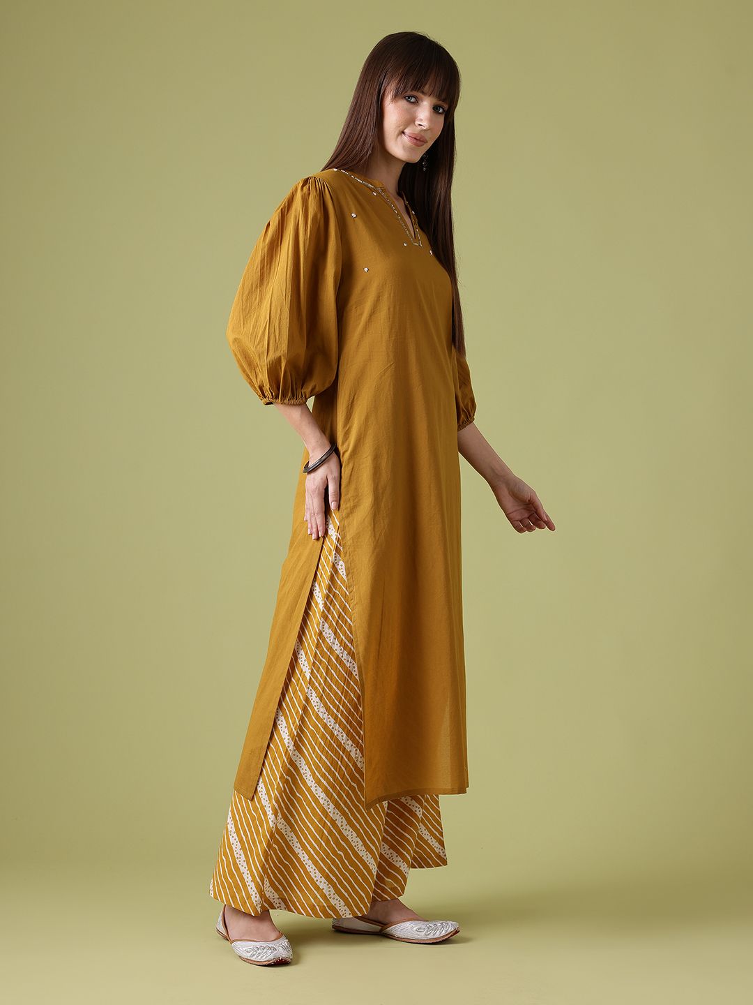 Anouk Sequinned Embellished Cotton Puff Sleeves Straight Kurta with Palazzos & Dupatta