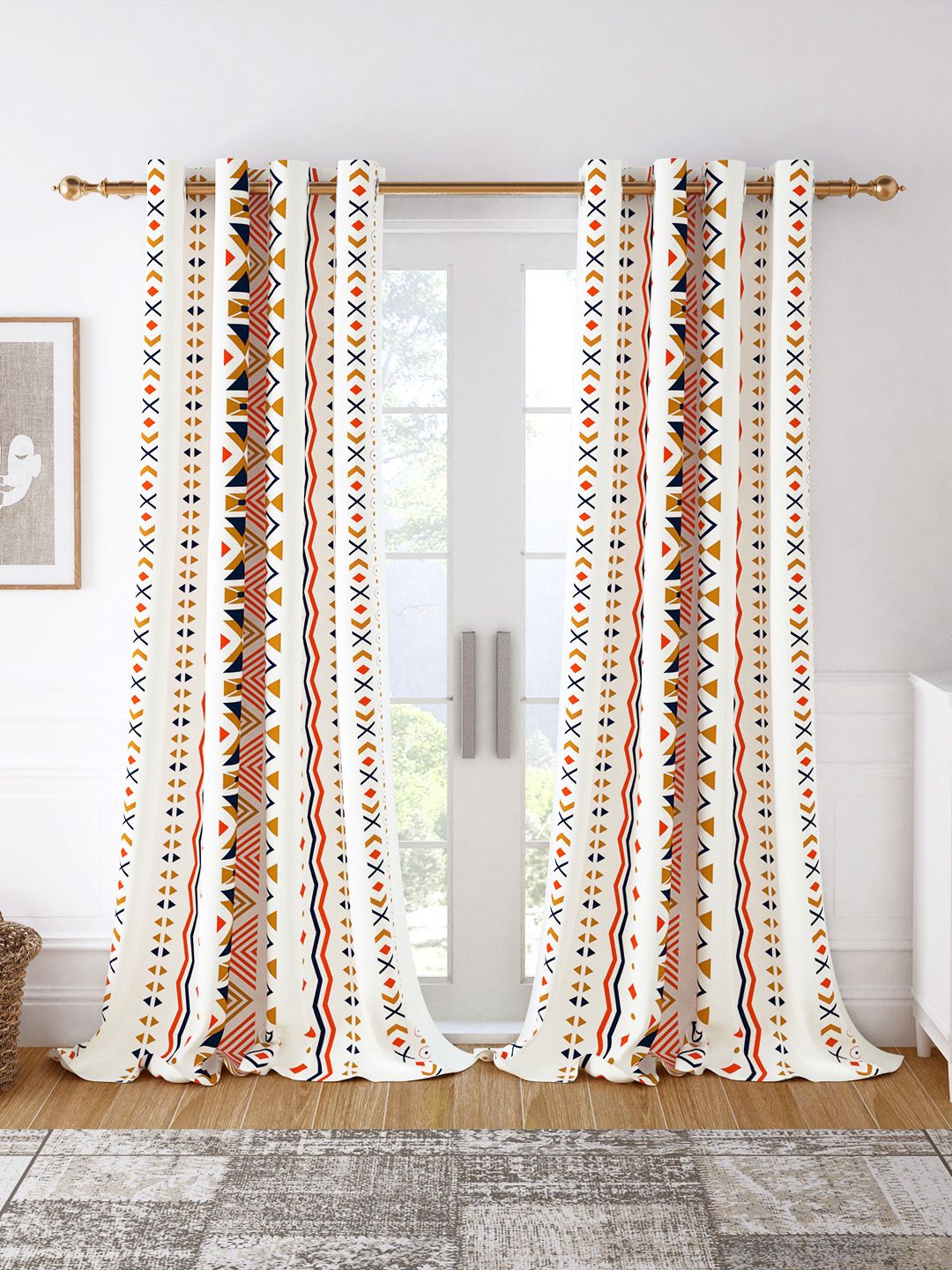 Story@home Set of 2 White & Mustard Geometric Room Darkening Door Curtain