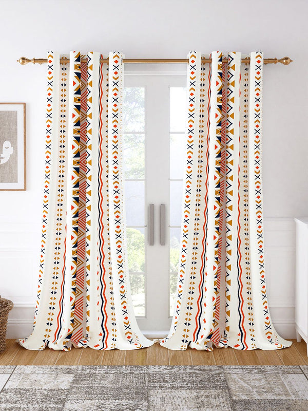 Story@home Set of 2 White & Mustard Geometric Room Darkening Door Curtain