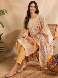 KALINI Floral Printed Regular Thread Work Straight Kurta with Trousers & Dupatta