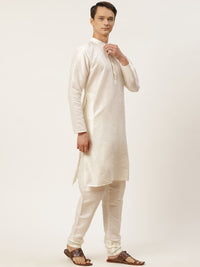 SOJANYA Men Off White Solid Kurta with Churidar & Ethnic Jacket