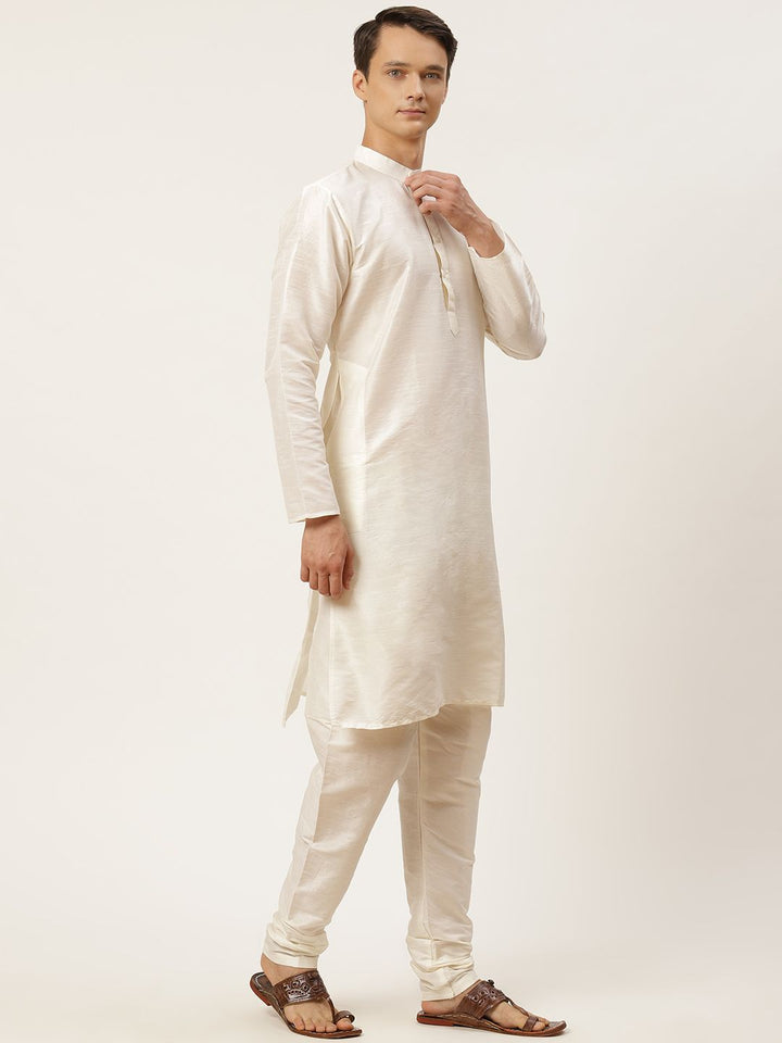 SOJANYA Men Off White Solid Kurta with Churidar & Ethnic Jacket
