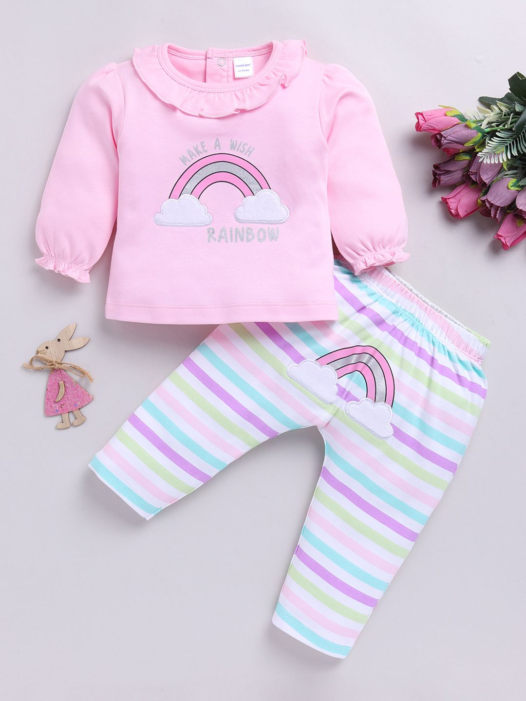 Moms Love Infant Girls Pure Cotton Printed Puffed Sleeves Top with Trousers