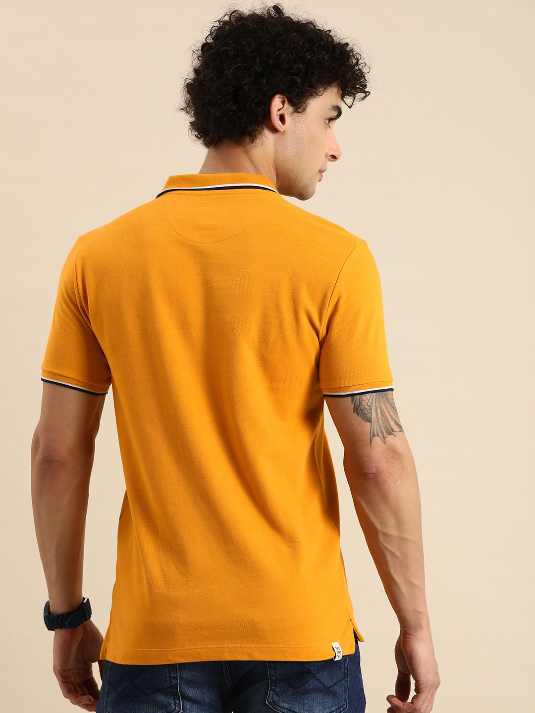Menjadi Lelaki Pakaian Manusia Mustard Yellow Striped Polo Collar T-Shirt Kapas Tulen