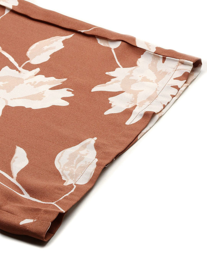 Berrylush Women Brown Floral Printed Relaxed High-Rise Trousers