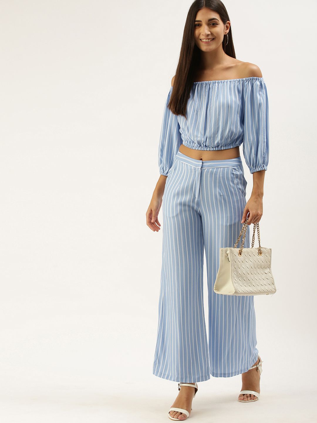 AND Blue & White Off-Shoulder Striped Co-Ords Set