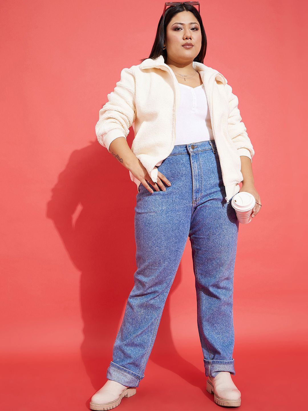SASSAFRAS Curve Plus Size White Self Design Mock Collar Bomber Jacket