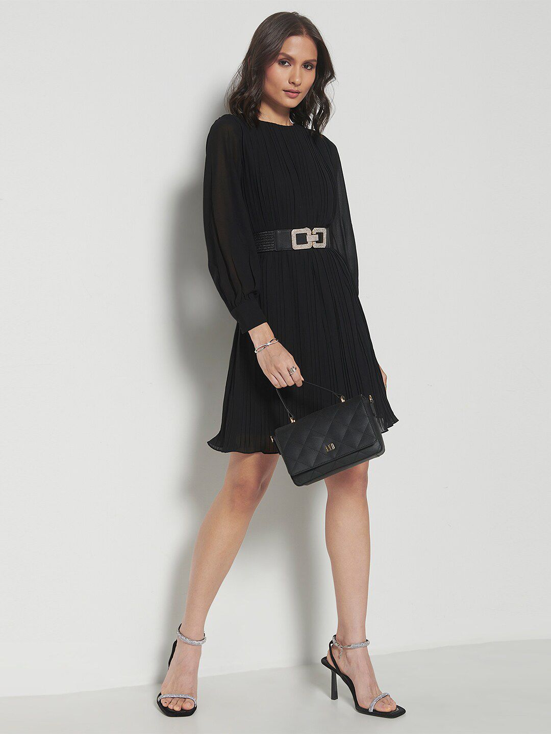 AND Cuffed Sleeves Accordion Pleated A-Line Dress