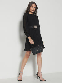 AND Cuffed Sleeves Accordion Pleated A-Line Dress