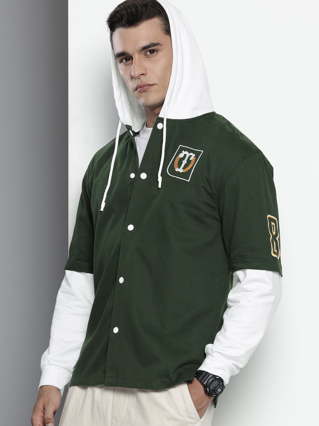 The Indian Garage Co Typography Printed Hooded Pure Cotton Casual Shirt