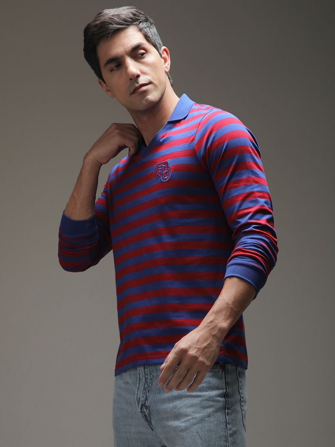 Difference of Opinion Men Striped Polo Collar Cotton T-shirt