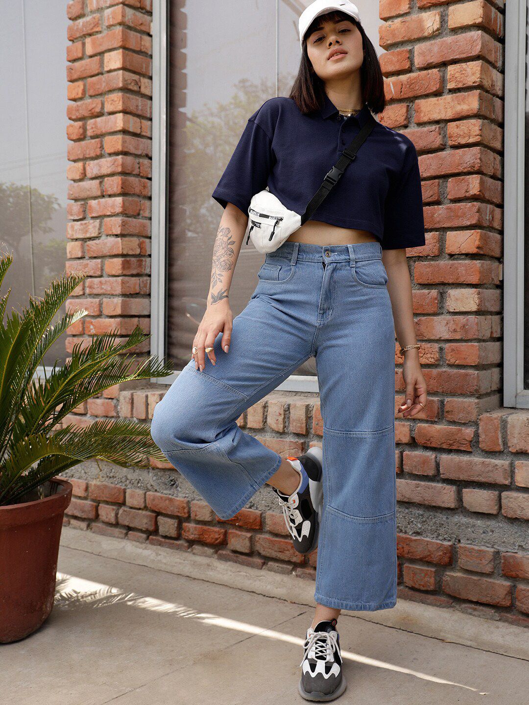 STREET 9 BASICS Navy Blue Polo Collar Drop Shoulder Sleeves Crop Pure Cotton Oversized T-shirt