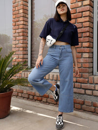 STREET 9 BASICS Navy Blue Polo Collar Drop Shoulder Sleeves Crop Pure Cotton Oversized T-shirt