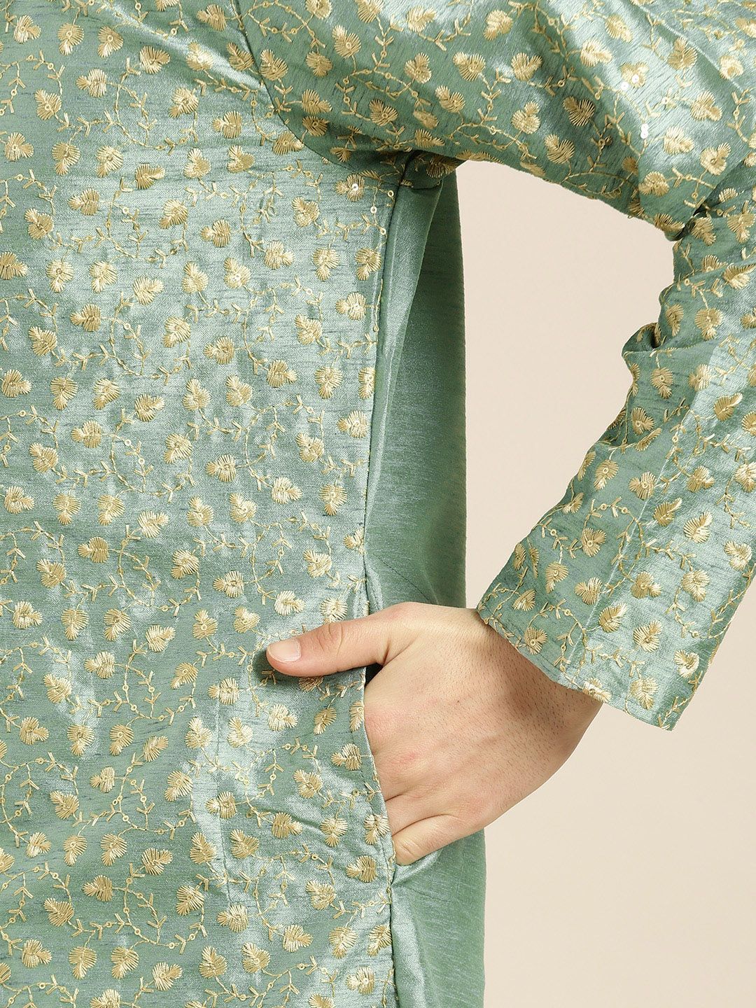 SOJANYA Kurta Bunga Berwarna Hijau & Emas Lelaki