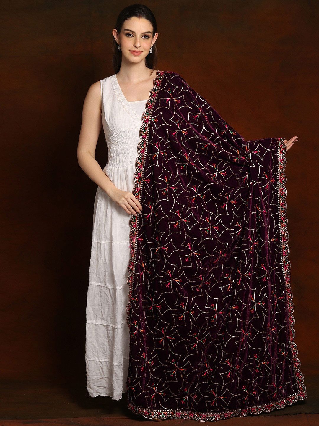 Exotic India Burgundy Velvet Dupatta with Zari and Sequinned Diamond Pattern