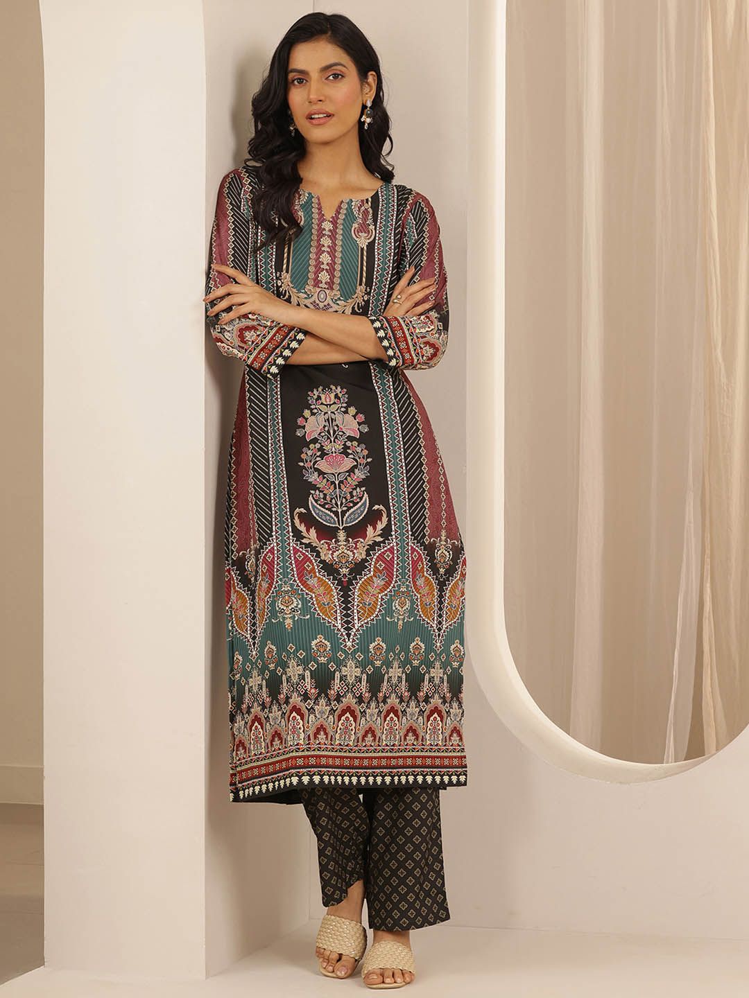 Libas Ethnic Motifs Printed Round Neck Straight Kurta with Palazzos