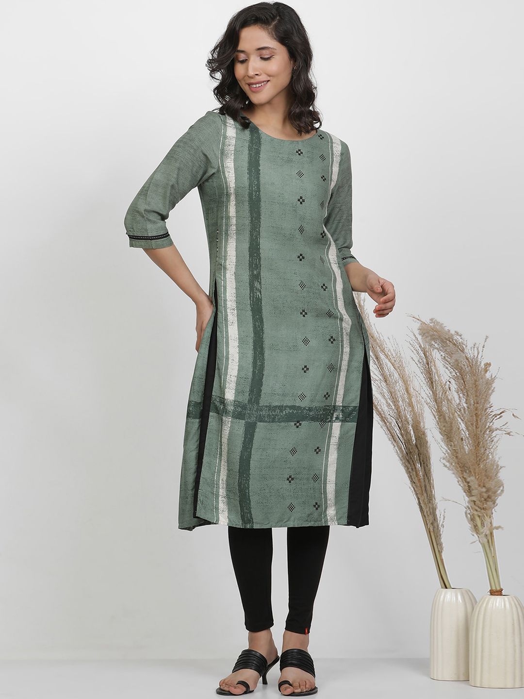 W Printed Regular Thread Work Round Neck Kurta Sets