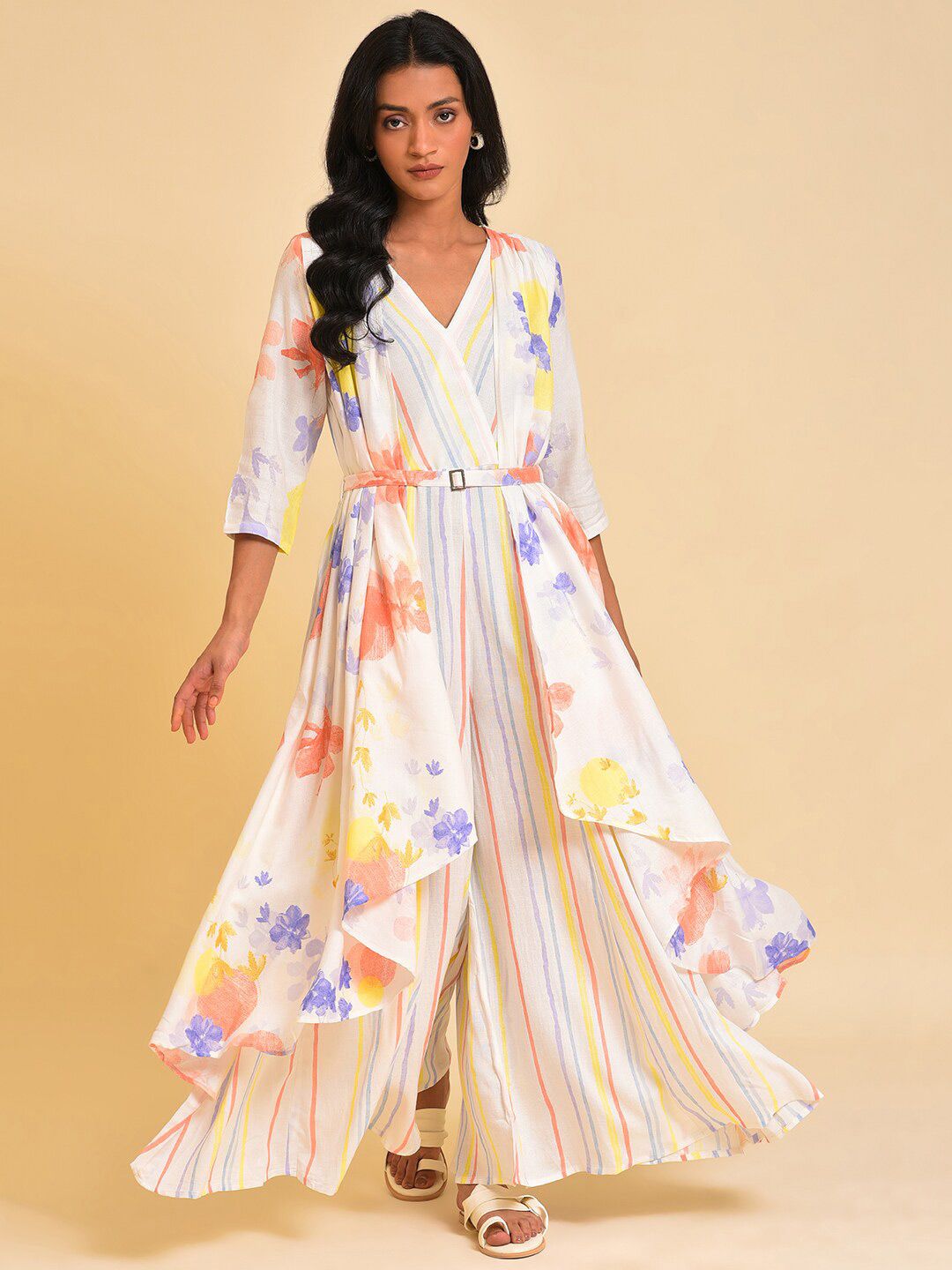 W White & Peach-Coloured Floral Printed Pleated Belted Culotte Jumpsuit