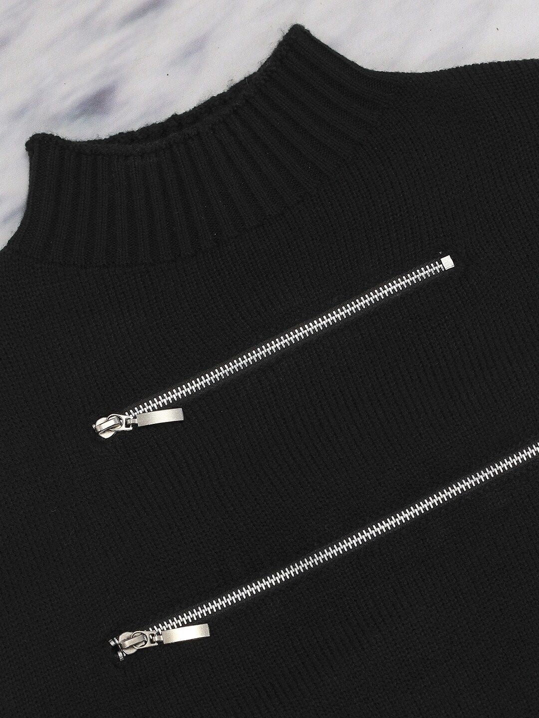 Tokyo Talkies Black Ribbed Turtle Neck Acrylic Pullover Fringed Crop Sweater With Zipper