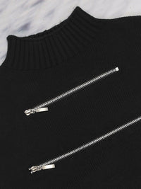 Tokyo Talkies Black Ribbed Turtle Neck Acrylic Pullover Fringed Crop Sweater With Zipper