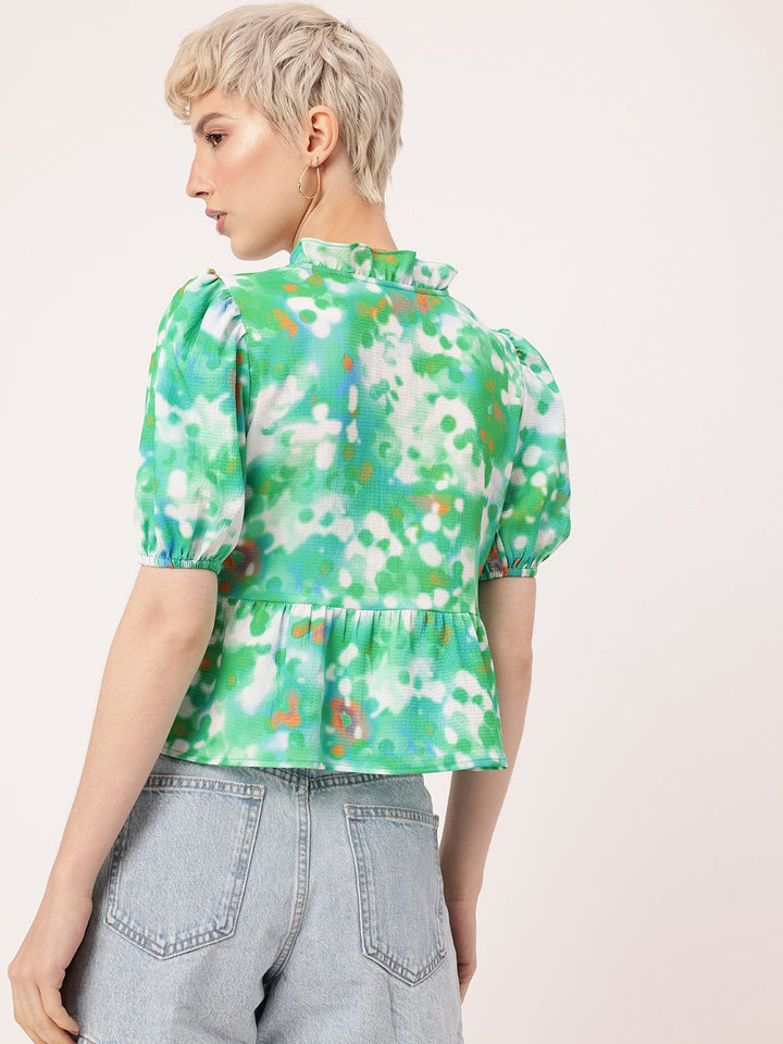 DressBerry Girly Charm Puff Sleeves Gathers Printed A-Line Crop Top