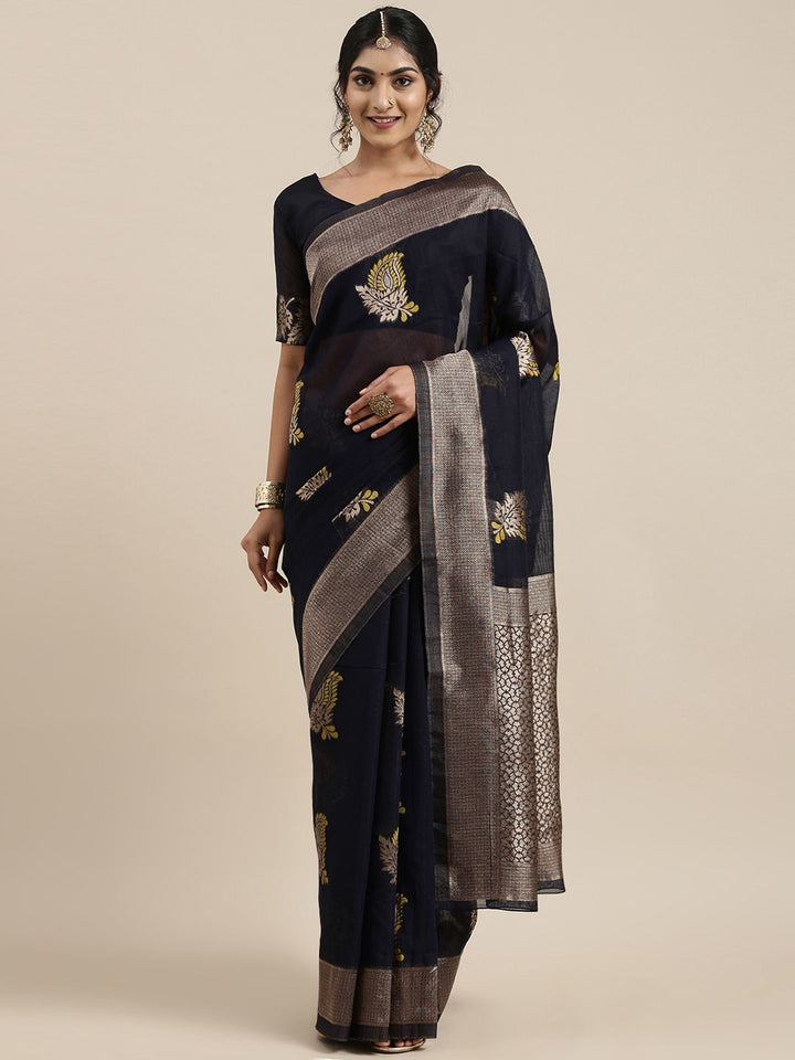Saree mall Navy Blue Paisley Linen Blend Banarasi Saree