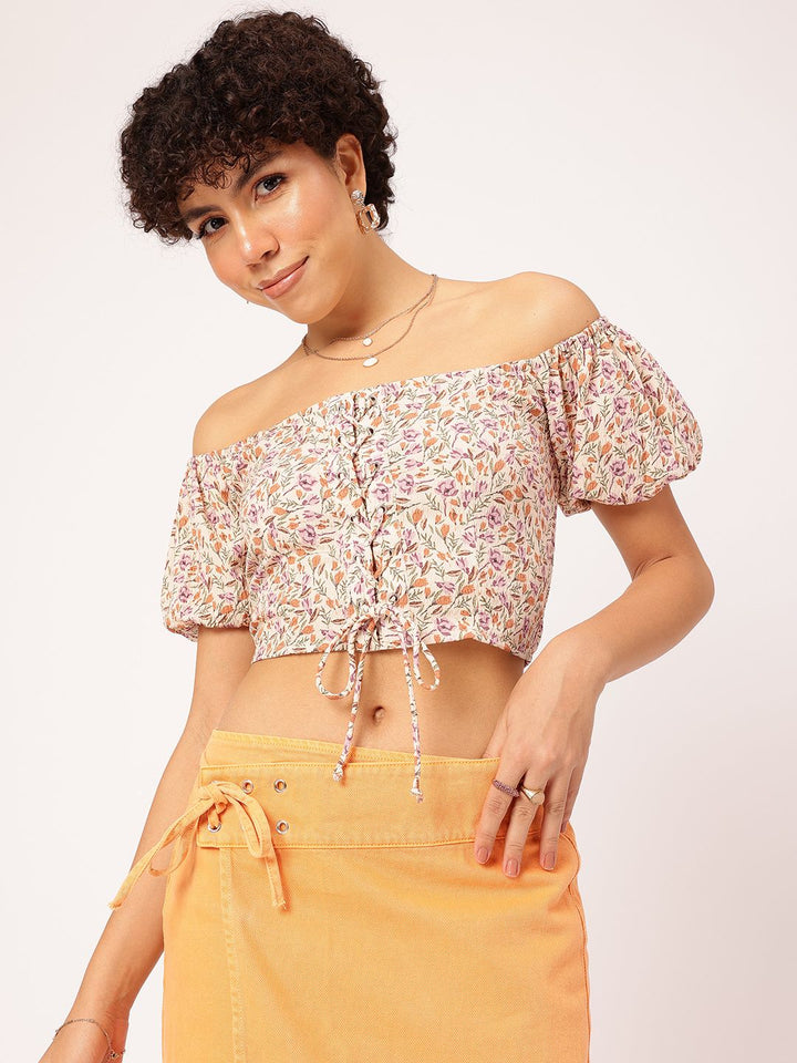 DressBerry Retro Revival Floral Print Off-Shoulder Puff Sleeve Bardot Crop Top