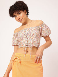 DressBerry Retro Revival Floral Print Off-Shoulder Puff Sleeve Bardot Crop Top