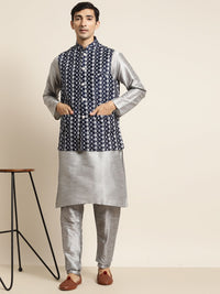 SOJANYA Men Grey & Navy Blue Kurta with Pyjamas & Embroidered Nehru Jacket